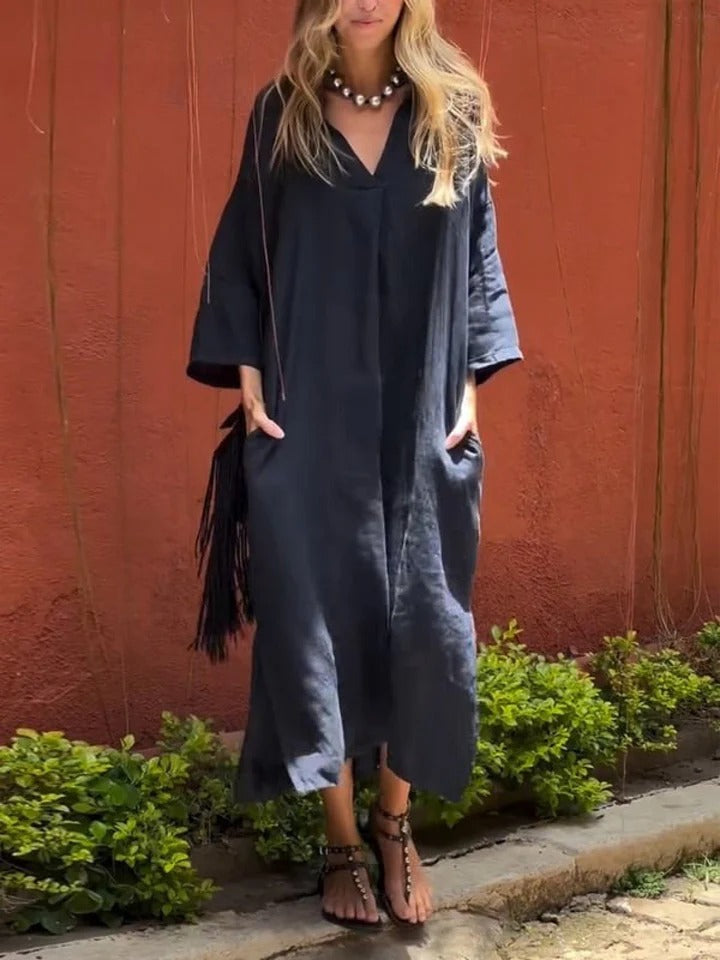 SERELA – RELAXED V-NECK COTTON DAY DRESS