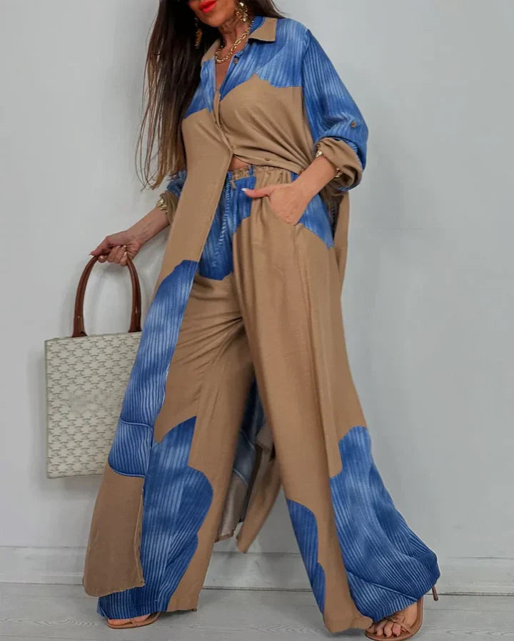 ALINA – PATCHWORK BLOUSE & WIDE-LEG PANTS SET