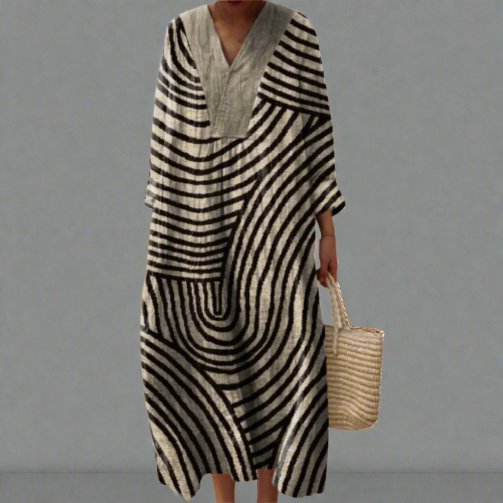 Monochrome Maze Flow Dress - Stylish Black & Ivory Summer Elegance