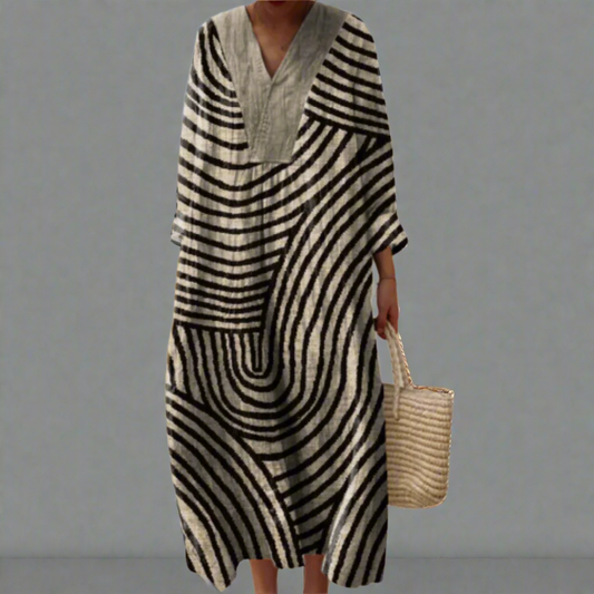 Monochrome Maze Flow Dress - Stylish Black & Ivory Summer Elegance