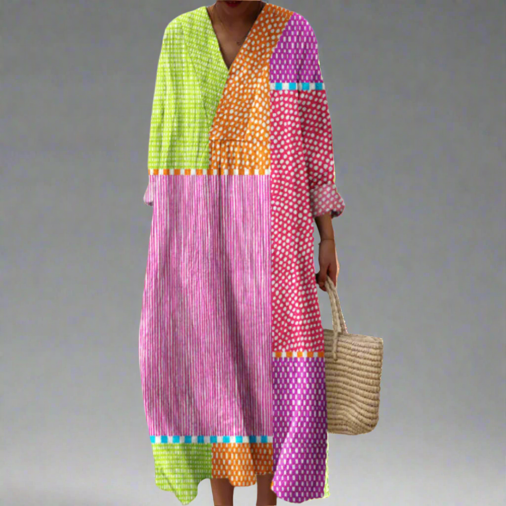 Patchwork Polka Maxi Dress - Long Sleeve Style & All-Day Comfort