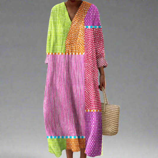 Patchwork Polka Maxi Dress - Long Sleeve Style & All-Day Comfort