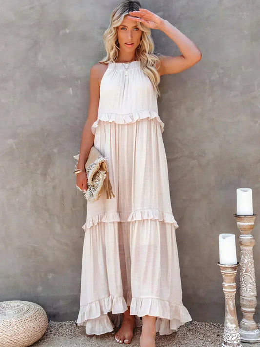 VIVIANA – HALTER RUFFLE TRIM MIDI DRESS