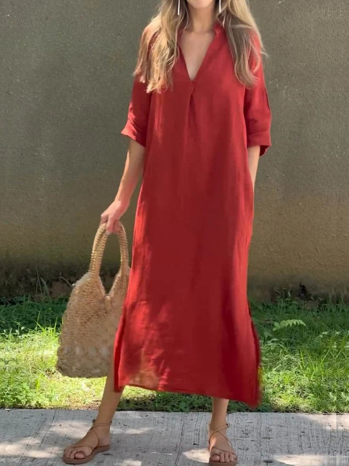 SERELA – RELAXED V-NECK COTTON DAY DRESS