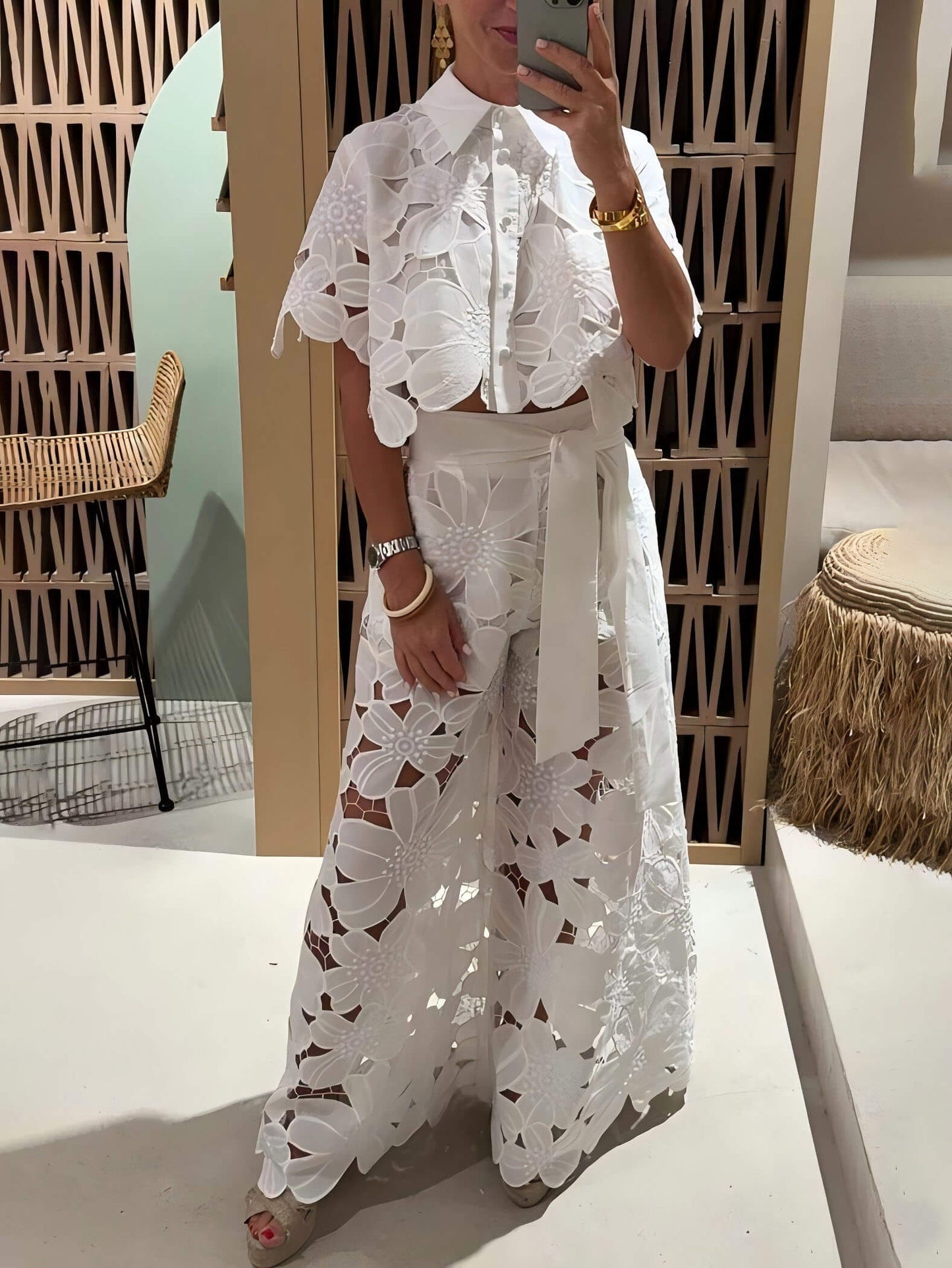 CELINA – EMBROIDERED LACE WIDE-LEG PANTS