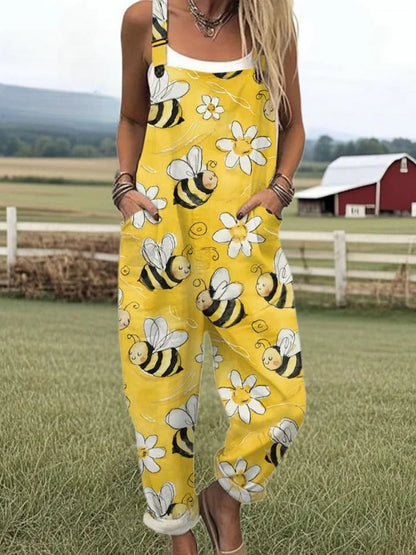 SOLENE – BEE EMBROIDERED COTTON-LINEN JUMPSUIT