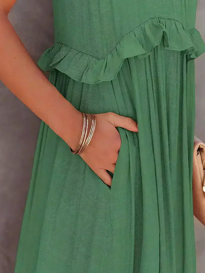 VIVIANA – HALTER RUFFLE TRIM MIDI DRESS