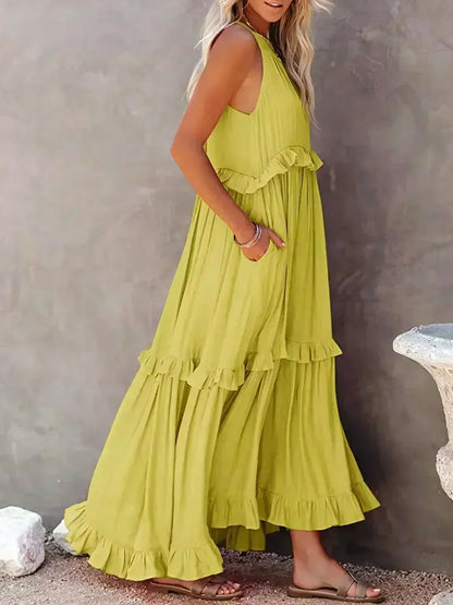 VIVIANA – HALTER RUFFLE TRIM MIDI DRESS