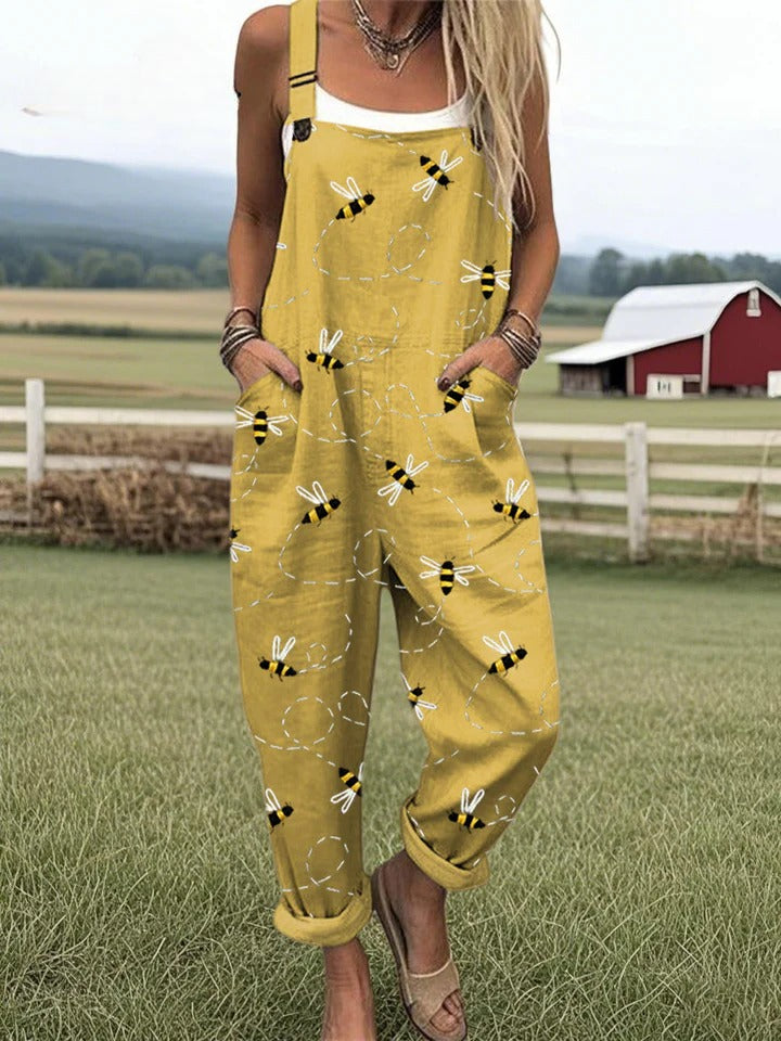 SOLENE – BEE EMBROIDERED COTTON-LINEN JUMPSUIT