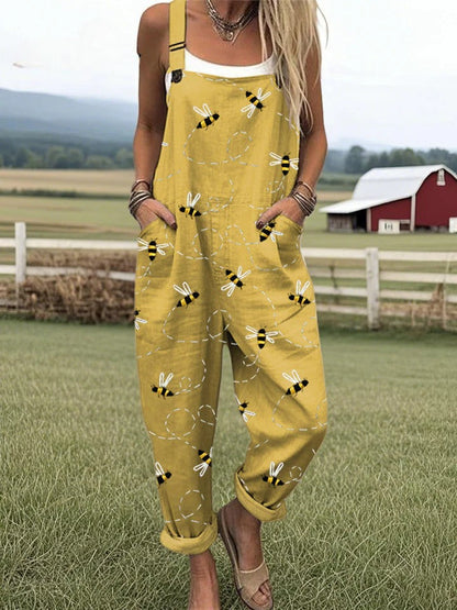 SOLENE – BEE EMBROIDERED COTTON-LINEN JUMPSUIT