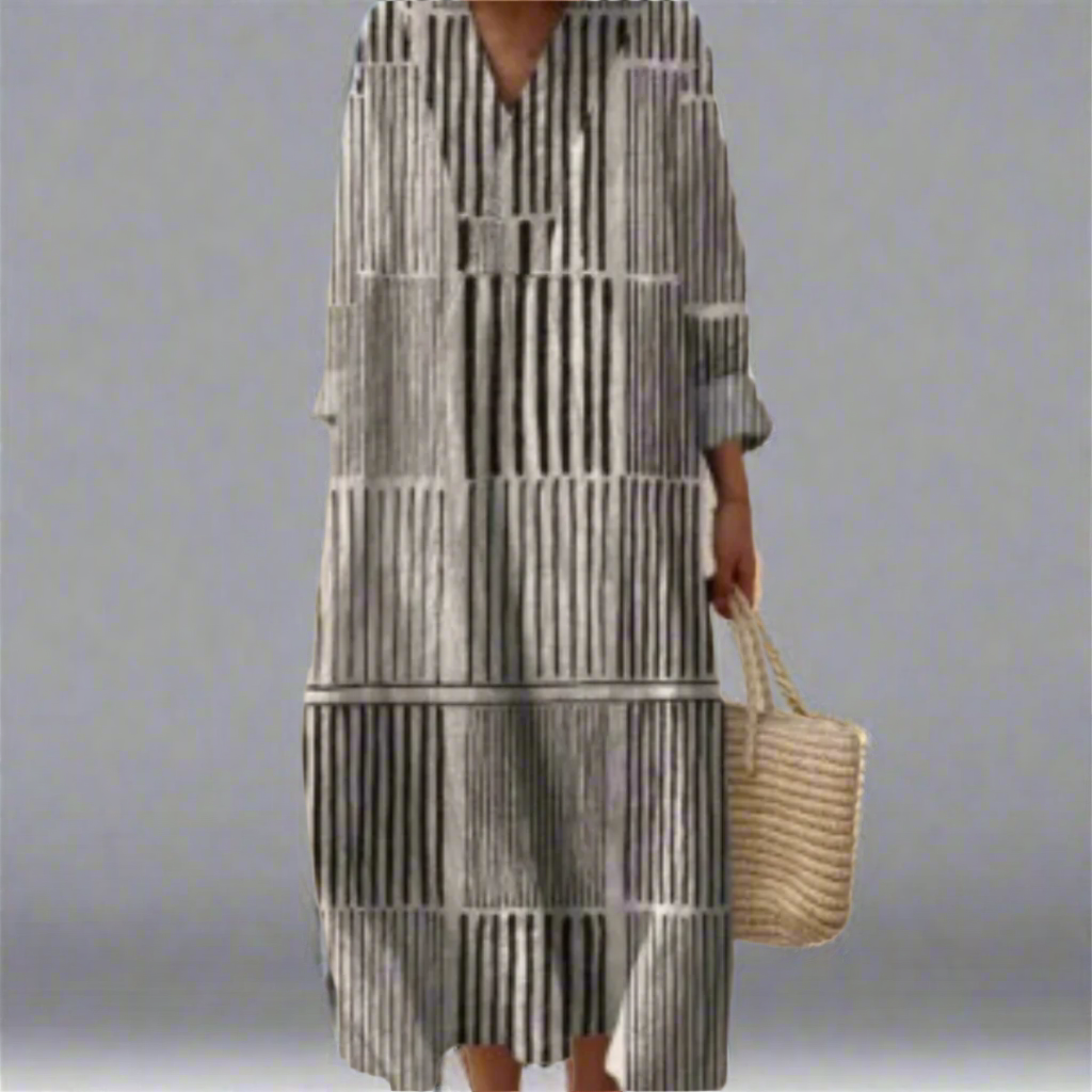 Monochrome Stripe Long Sleeve Maxi Dress - Chic Comfort for Women