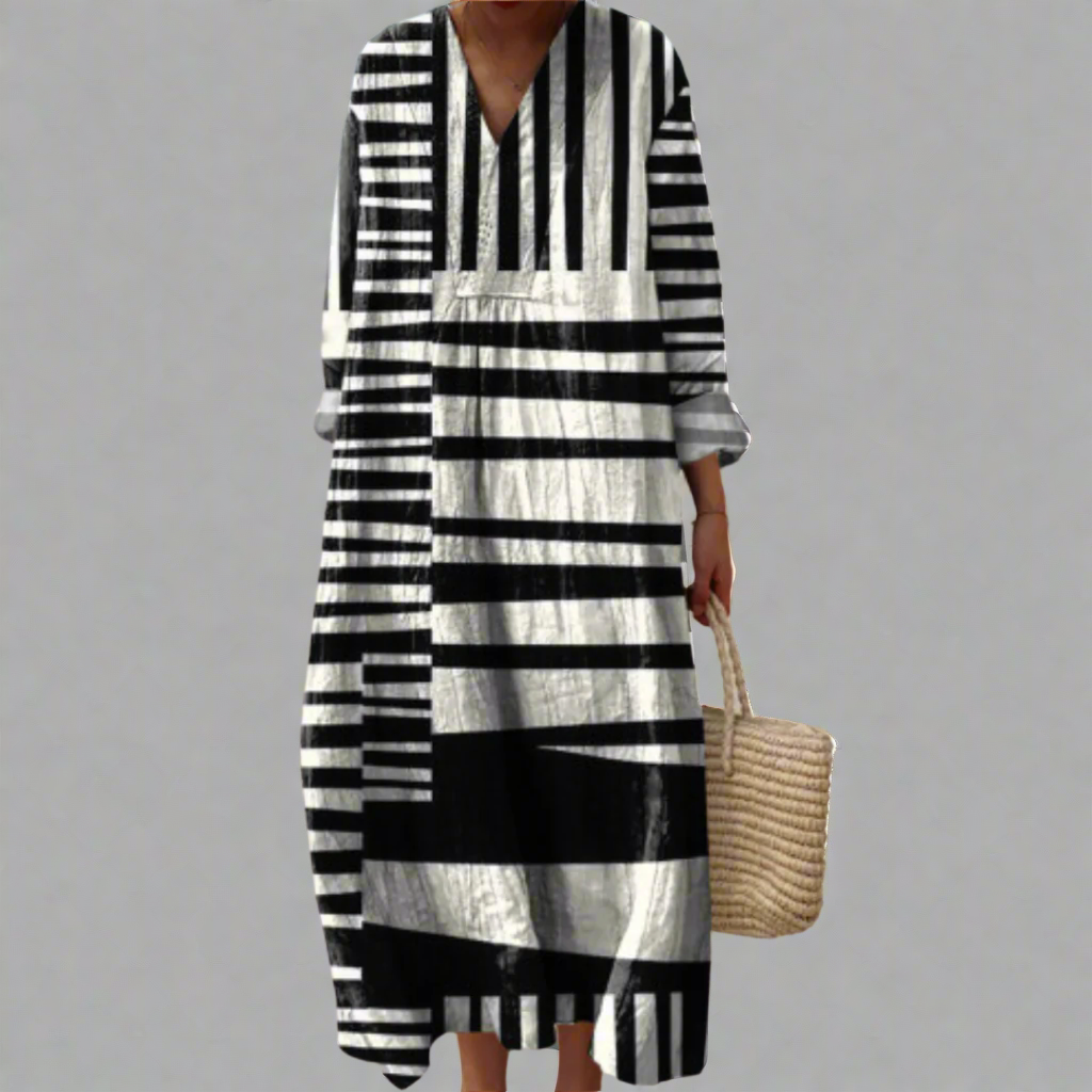 Monochrome Stripe Maxi Dress - Stylish Long Sleeve Design for Women