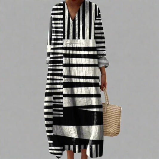 Monochrome Stripe Maxi Dress - Stylish Long Sleeve Design for Women