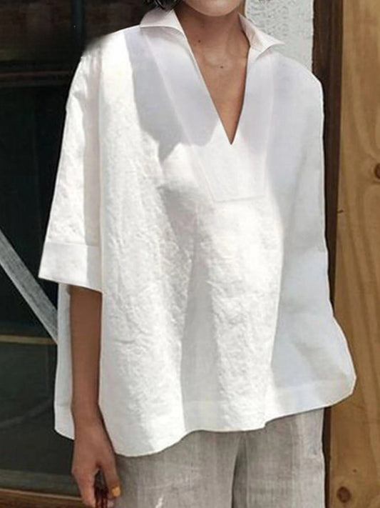 SOLENE – SOLID V-NECK LOOSE MID-SLEEVE SHIRT